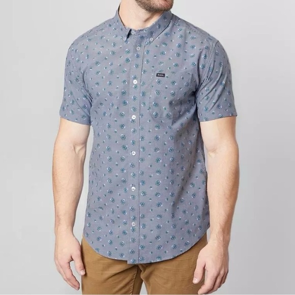 RVCA “That'll Do Floral” Stretch Short Sleeve Shirt Size Small Slim Fit Blue - Picture 1 of 11